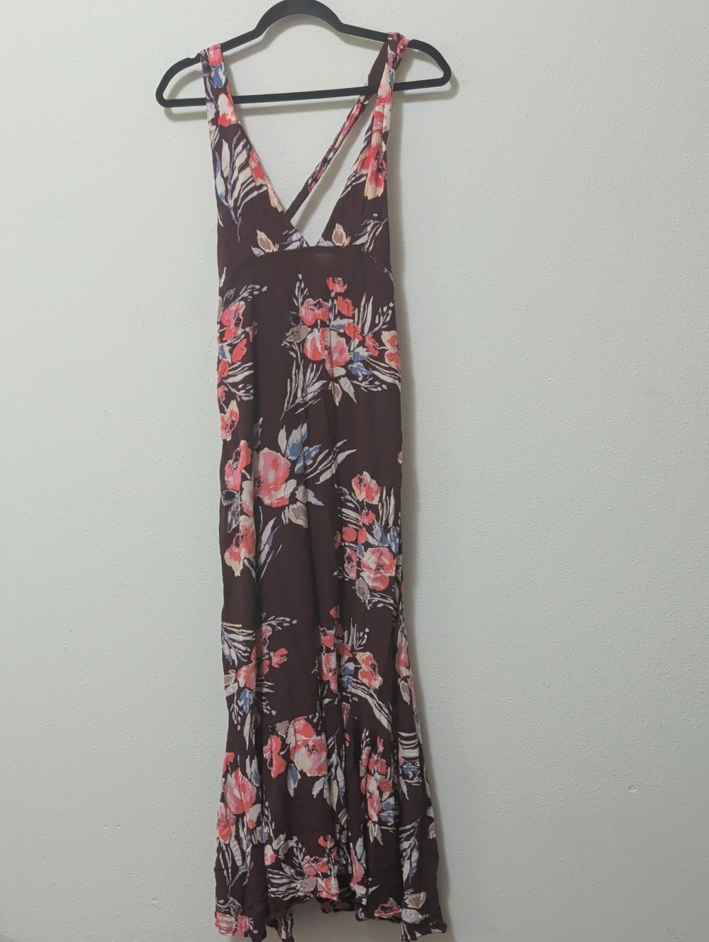 Billabong Burgundy Floral V-Neck Maxi Dress with Coral Accents